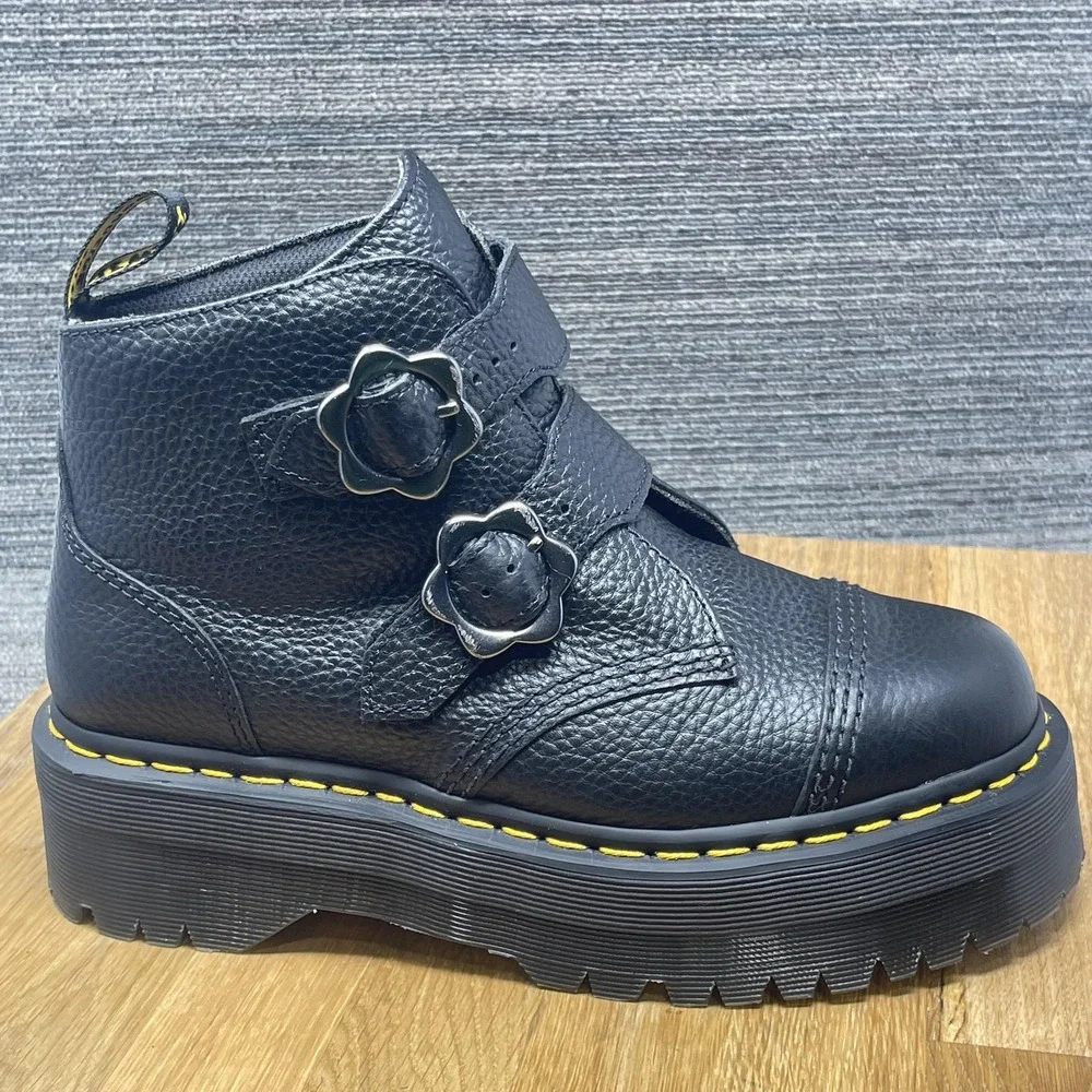 Dr. Martens Devon FLWR‎ Shoes Women 8 Black Leather Platform Buckle Flower NEW